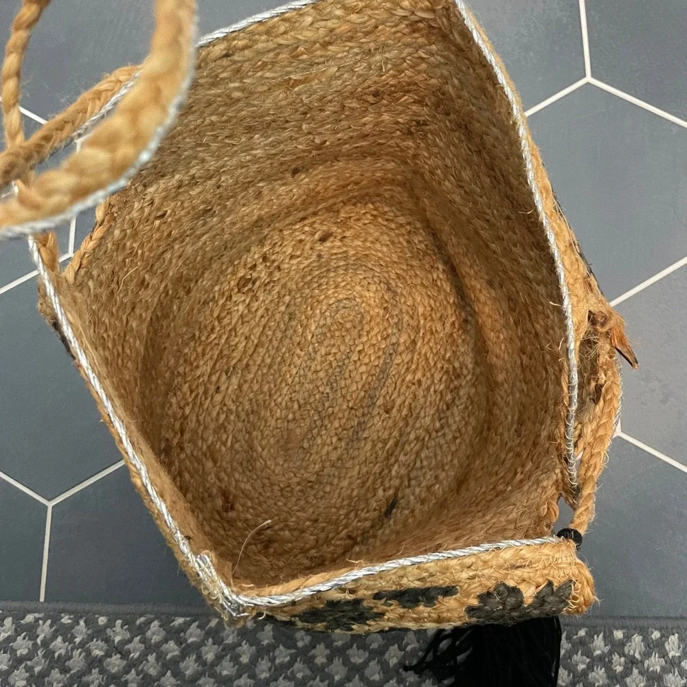 Jute Tote Bag‎ Black Floral Print Tassel Shell Detail Woven Basket Boho Beach